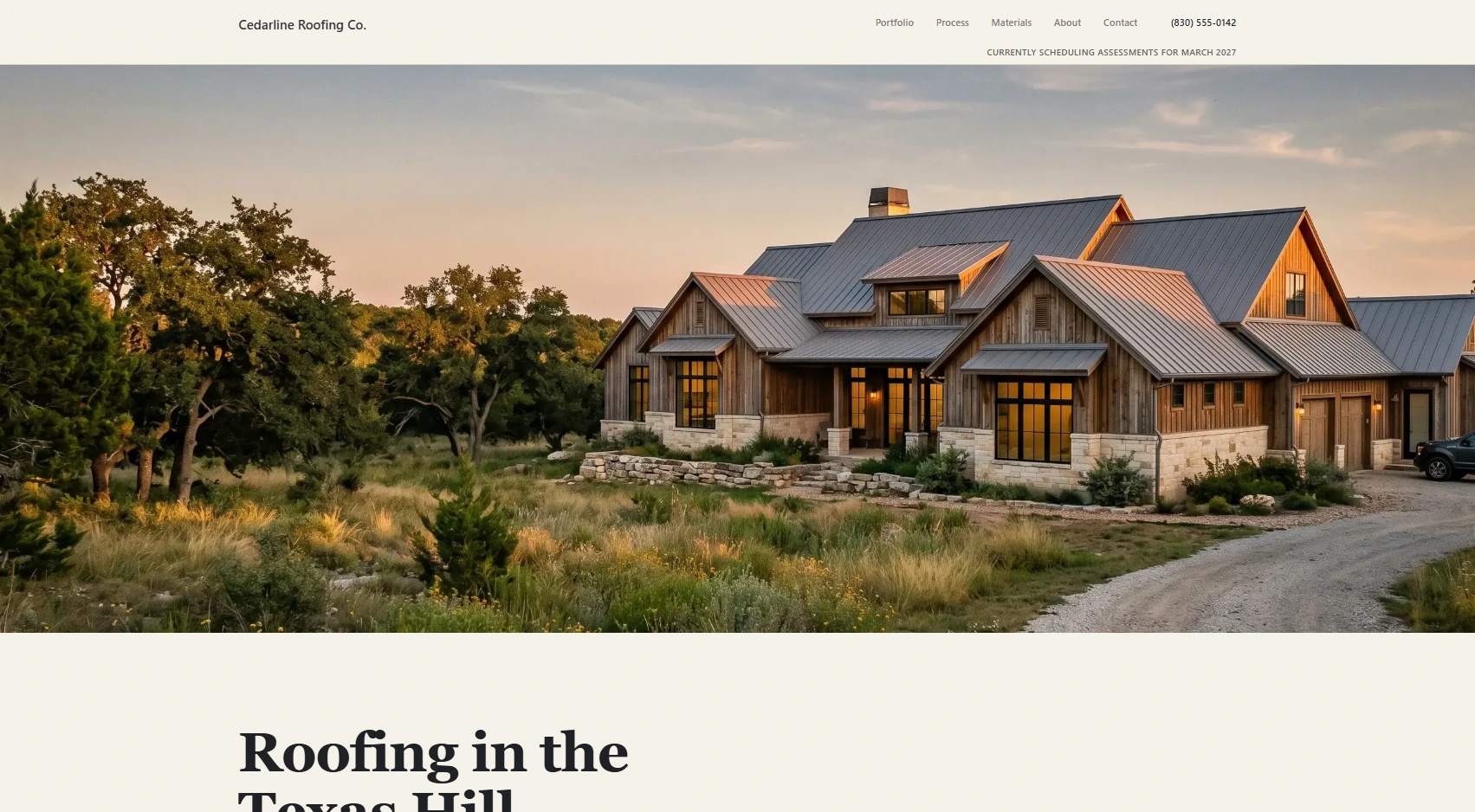 Cedarline Roofing Co. — homepage hero showing golden-hour Hill Country custom home with standing-seam metal roof
