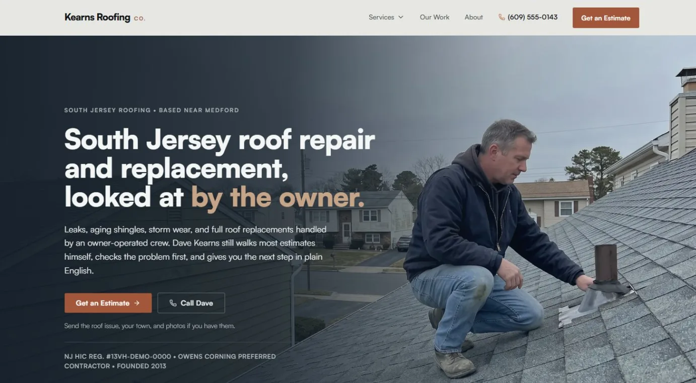Kearns Roofing Co. — homepage hero showing a South Jersey residential roof in the owner-operated, weathered-slate brand register