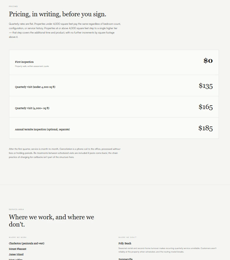Marshlight Pest Control — service-plan card with monthly cadence, transparent pricing, and visible cancellation policy