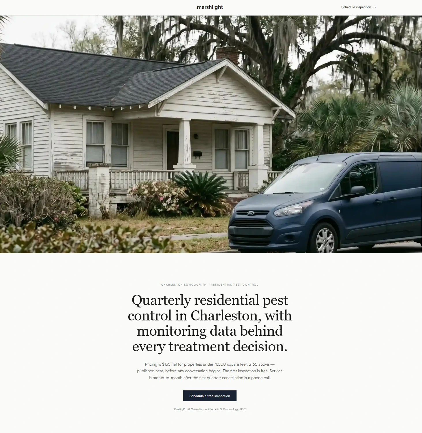 Marshlight Pest Control — homepage hero with quiet warm-cream background, deep matte navy plan card, and marsh-gold accent