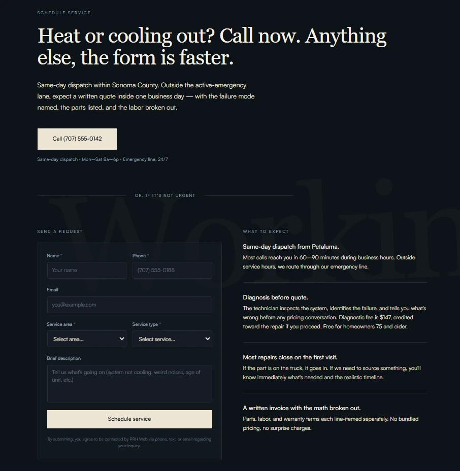 Northbay HVAC — request-service form with two-tap phone CTA, ZIP capture, and same-day window indicator