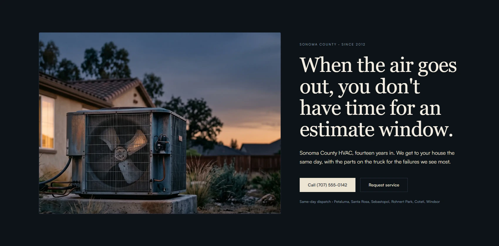 Northbay HVAC — homepage hero showing dusk-lit Sonoma County home with warm window glow over a deep slate exterior